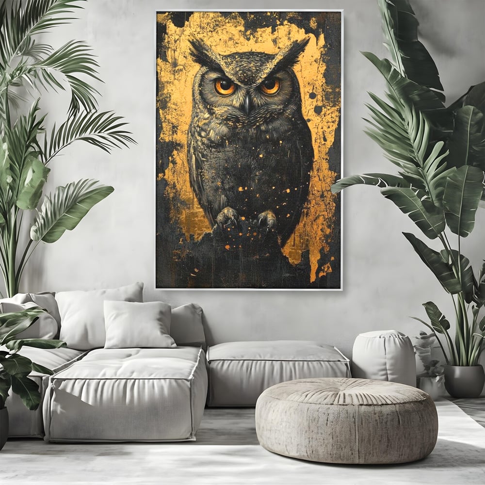 Tablou canvas cu tablou canvas cu bufnita neagra si fundal auriu, in rama de aluminiu argintiu, pe perete intr-un living